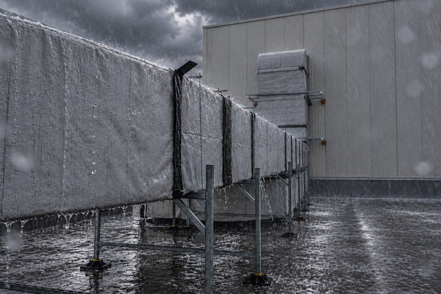 Wind and rain on commercial rooftop HVAC runs
